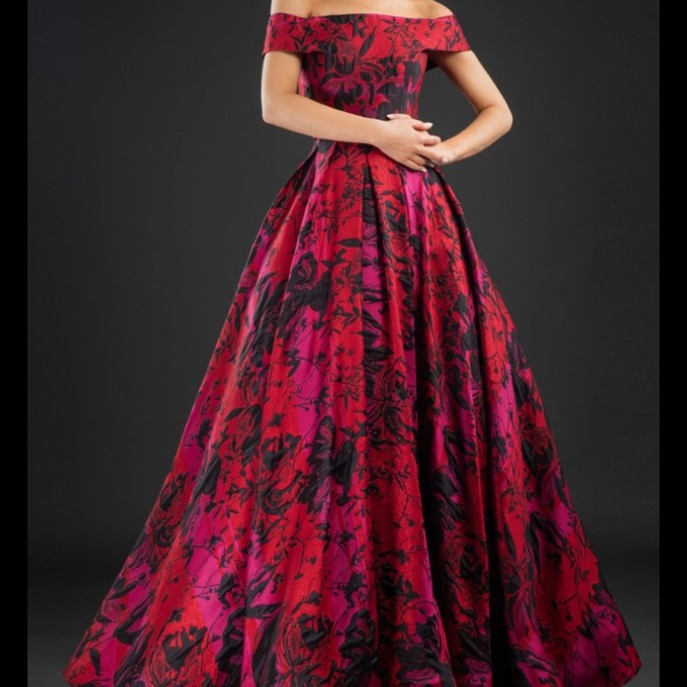 Rachel Allan Off-Shoulder Floral Dress - Red and Black
